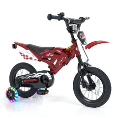 12 Inch Motorcycle Style Kids Bike with Light Up Training Wheels, Red
