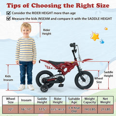 12 Inch Motorcycle Style Kids Bike with Light Up Training Wheels, Red
