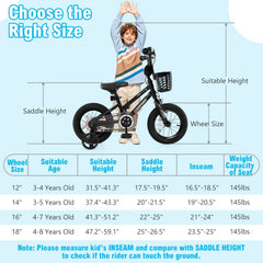 12 Inch Kids Bike with Basket, Bell and Detachable Training Wheels, Black