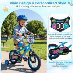 12 Inch Kids Bike with Training Wheels and Number Plate, Blue
