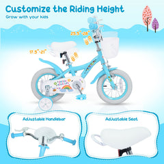 12 Inch Girls Bike with Basket, Bell and Training Wheels, Blue