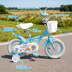 12 Inch Girls Bike with Basket, Bell and Training Wheels, Blue