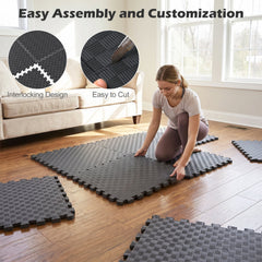 12 PCS Puzzle Exercise Mat EVA Foam Interlocking Floor Tiles-Black