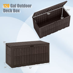 120 Gal Outdoor Deck Box with Lid and Handles for Garden Tools-Brown