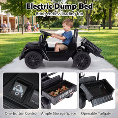 12V Licensed Toyota Kids Ride On Truck with Electric Dump Bed, 22 lb Bed Capacity, Opening Tailgate and Parent Remote, Black