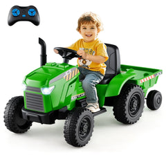 12V 2 in 1 Kids Ride On Tractor with Tipping Trailer, 2 x 25W Motors, Remote Brake and Safety Belt, 66 lb Limit, Green