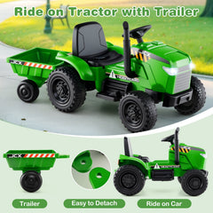 12V 2 in 1 Kids Ride On Tractor with Tipping Trailer, 2 x 25W Motors, Remote Brake and Safety Belt, 66 lb Limit, Green