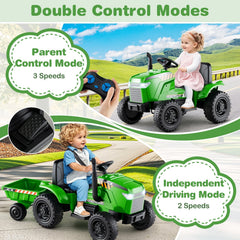 12V 2 in 1 Kids Ride On Tractor with Tipping Trailer, 2 x 25W Motors, Remote Brake and Safety Belt, 66 lb Limit, Green