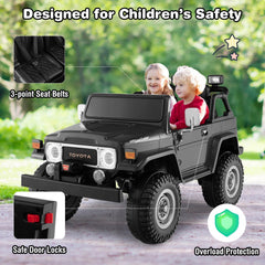 12V 2 Seat Licensed Toyota FJ40 Kids Ride On Car with 2.4G Parental Remote, 3 Point Belts, Door Locks and Spring Suspension, Black