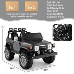 12V 2 Seat Licensed Toyota FJ40 Kids Ride On Car with 2.4G Parental Remote, 3 Point Belts, Door Locks and Spring Suspension, Black