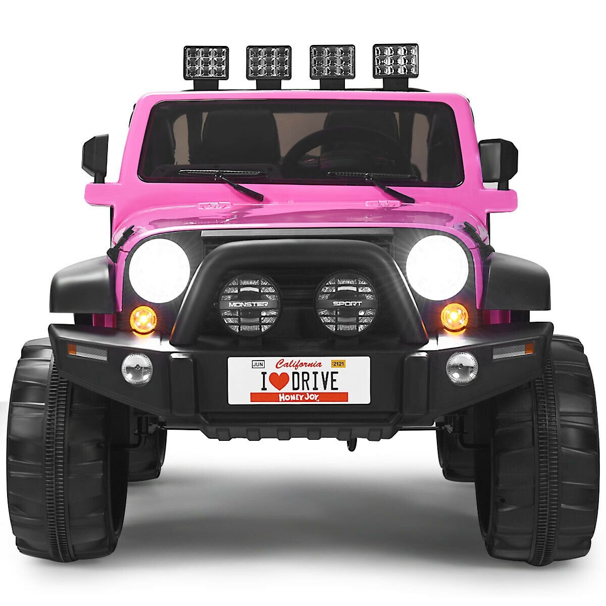 12V 2 Seater Kids Ride On Truck with Lockable Doors, Handrail, 19 Inch Bench Seat and Parental Remote, 110 lb Capacity, Pink