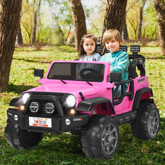 12V 2 Seater Kids Ride On Truck with Lockable Doors, Handrail, 19 Inch Bench Seat and Parental Remote, 110 lb Capacity, Pink