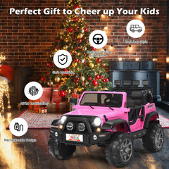 12V 2 Seater Kids Ride On Truck with Lockable Doors, Handrail, 19 Inch Bench Seat and Parental Remote, 110 lb Capacity, Pink
