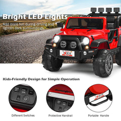 12V 2 Seater Kids Ride On Truck with Front Engine Box, Rear Storage, Parental Remote and LED Lights, 110 lb Capacity, Red