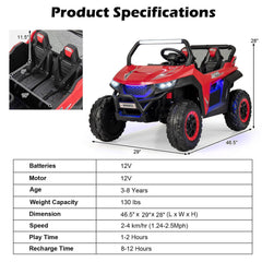 12V 2 Seater Kids Ride On UTV with Slow Start, 3 Remote Speeds, Spring Suspension and 3 Point Belts, 130 lb Capacity, Red