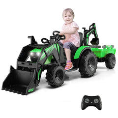 12V 3 in 1 Kids Ride On Excavator with Shovel Bucket, Digging Bucket and Trailer, Parental Remote, 66 lb Limit, Green