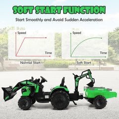 12V 3 in 1 Kids Ride On Excavator with Shovel Bucket, Digging Bucket and Trailer, Parental Remote, 66 lb Limit, Green