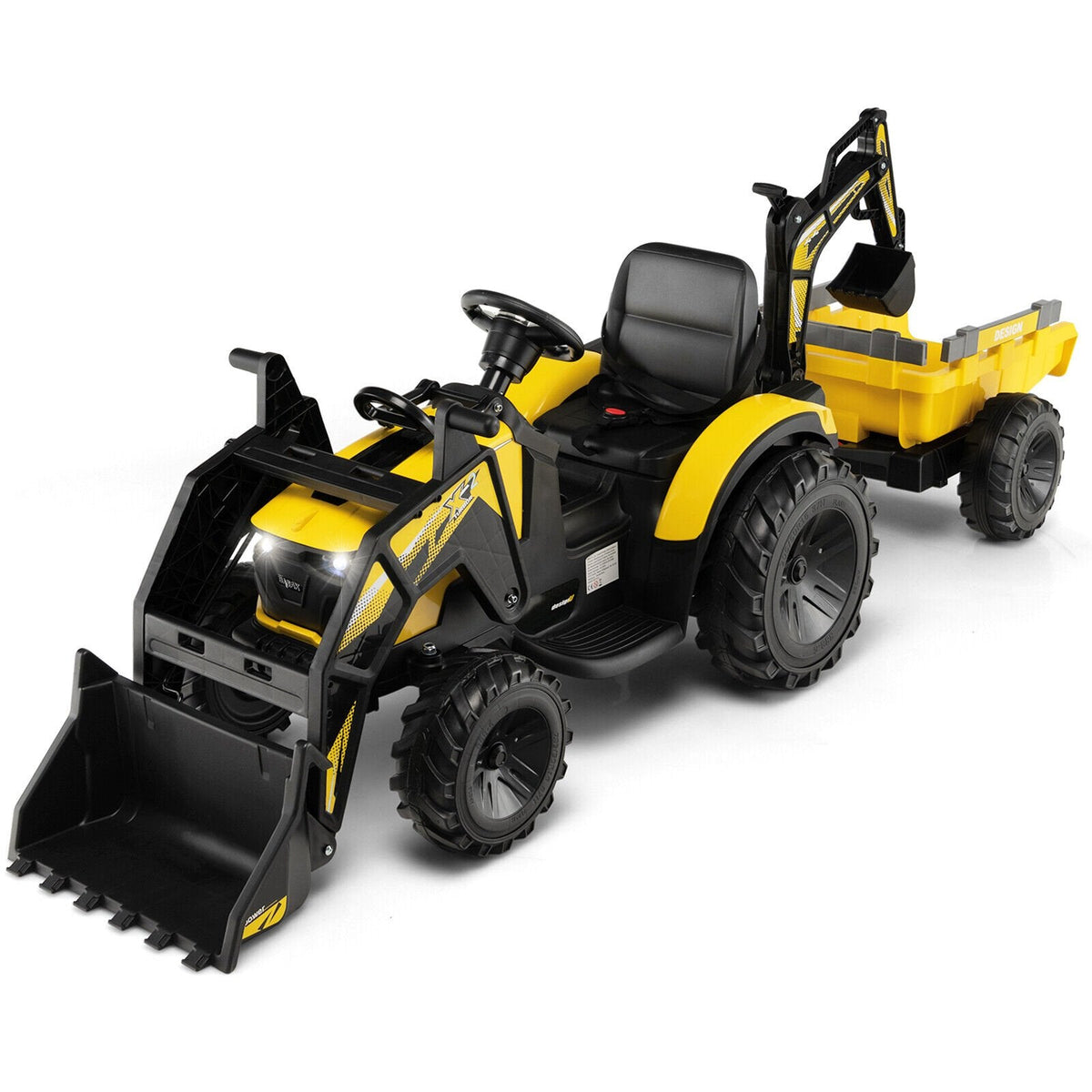 12V 3 in 1 Kids Ride On Excavator, Yellow, with Shovel Bucket, Digging Arm, Trailer, 2.4G Remote and 12V 10Ah Battery