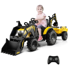 12V 3 in 1 Kids Ride On Excavator, Yellow, with Shovel Bucket, Digging Arm, Trailer, 2.4G Remote and 12V 10Ah Battery