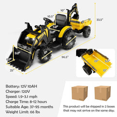 12V 3 in 1 Kids Ride On Excavator, Yellow, with Shovel Bucket, Digging Arm, Trailer, 2.4G Remote and 12V 10Ah Battery