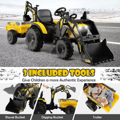 12V 3 in 1 Kids Ride On Excavator, Yellow, with Shovel Bucket, Digging Arm, Trailer, 2.4G Remote and 12V 10Ah Battery