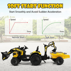 12V 3 in 1 Kids Ride On Excavator, Yellow, with Shovel Bucket, Digging Arm, Trailer, 2.4G Remote and 12V 10Ah Battery
