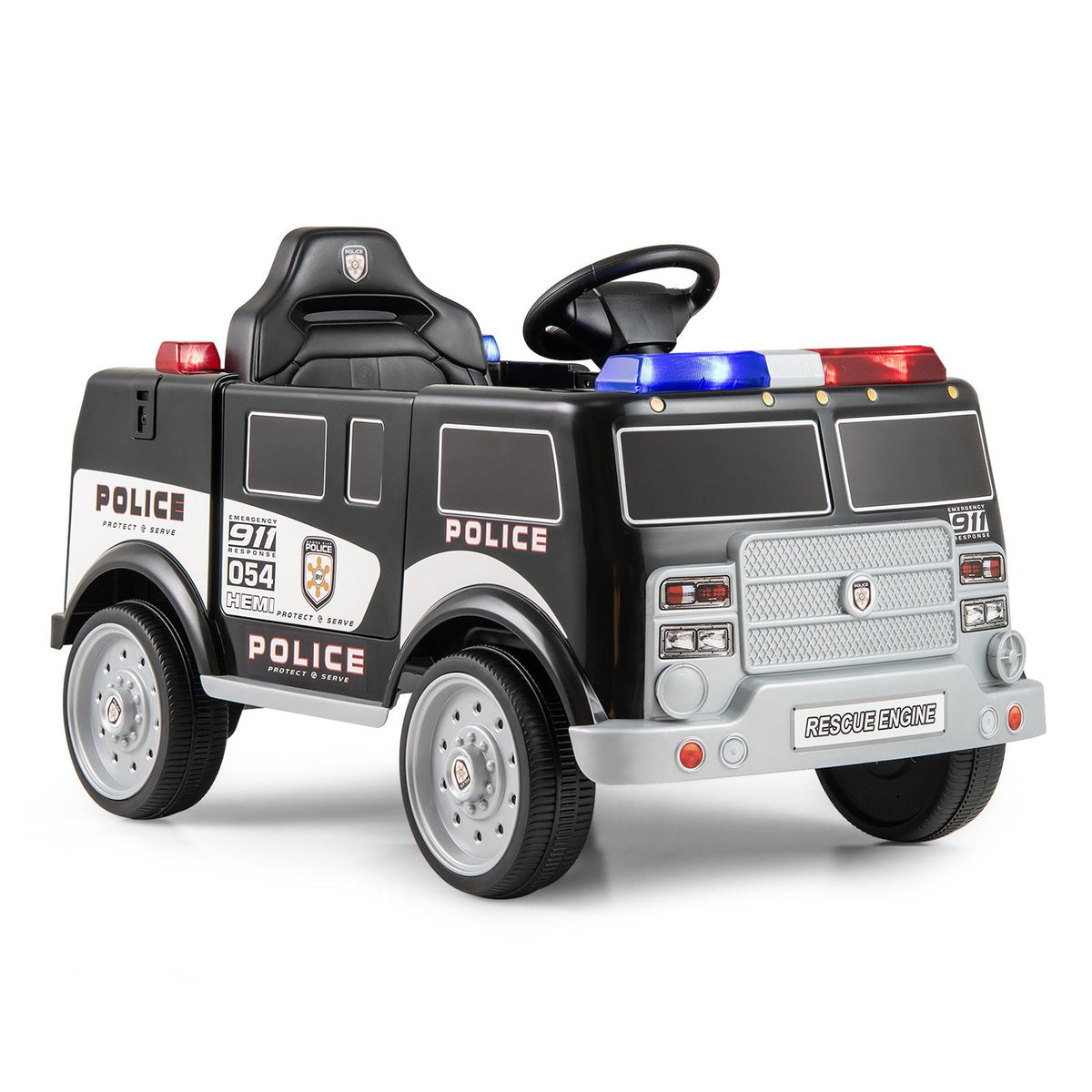 12V Kids Ride On Police Car with Working Megaphone, Siren, Flashing Lights, Lockable Storage and Parent Remote, Black