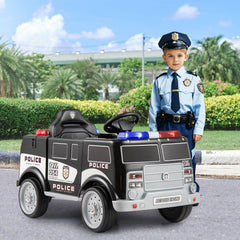 12V Kids Ride On Police Car with Working Megaphone, Siren, Flashing Lights, Lockable Storage and Parent Remote, Black