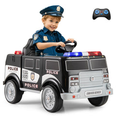 12V Kids Ride On Police Car with Working Megaphone, Siren, Flashing Lights, Lockable Storage and Parent Remote, Black