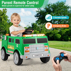 12V Kids Ride On Garbage Truck with Sorting Station, Trash Bin, Shovel, Dual 30W Motors and Parent Remote, Green