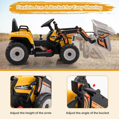 12V Kids Ride On Excavator with Adjustable Arm and Bucket, Parent Remote, Seat Belt and 66 lb Limit, Ages 3 to 8, Yellow