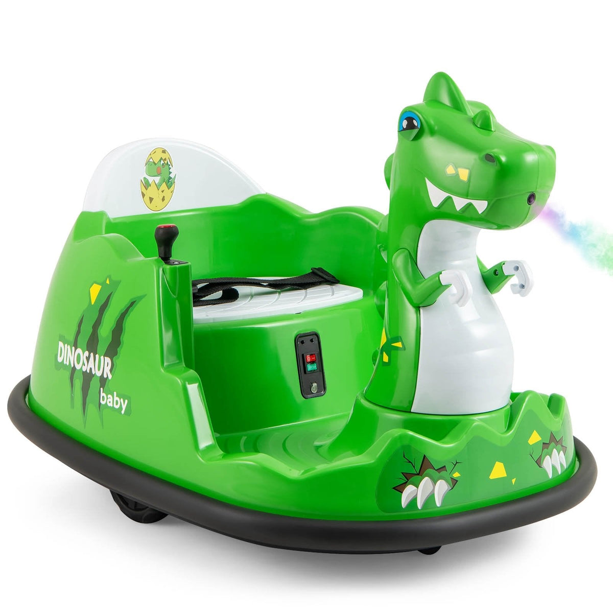 12V Kids Ride On Dinosaur Bumper Car with Water Spray, 360 Degree Spin, Soft Bumper and Parent Remote, Ages 2 to 5, Green