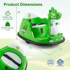 12V Kids Ride On Dinosaur Bumper Car with Water Spray, 360 Degree Spin, Soft Bumper and Parent Remote, Ages 2 to 5, Green