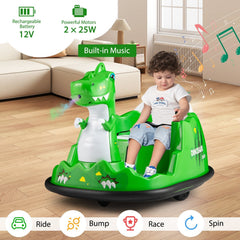 12V Kids Ride On Dinosaur Bumper Car with Water Spray, 360 Degree Spin, Soft Bumper and Parent Remote, Ages 2 to 5, Green
