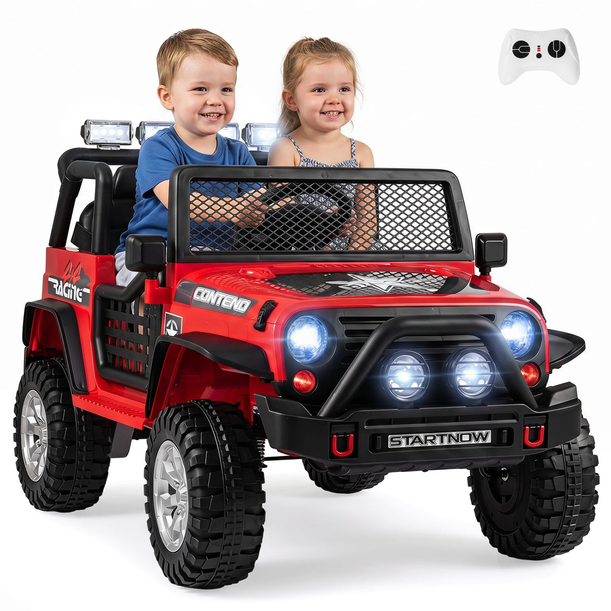 12V 2 Seater Kids Ride On Truck with 2 x 45W Motors, 4 Wheel Spring Suspension, Lockable Doors and Parent Remote, Red