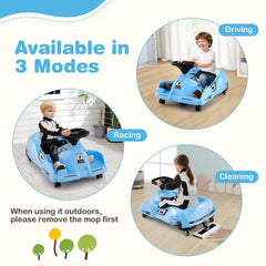 12V Kids Electric Go Kart with Detachable Toy Mop, 10 Cloths, Parent Remote and Emergency Brake, Ages 2 to 5, Blue