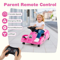 12V Kids Electric Go Kart with Anti Rollover Front Wheels, Rubber Drive Wheel, Toy Mop and Parent Remote, 66 lb, Pink
