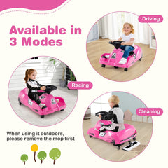 12V Kids Electric Go Kart with Anti Rollover Front Wheels, Rubber Drive Wheel, Toy Mop and Parent Remote, 66 lb, Pink