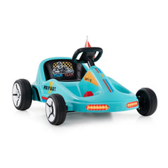 12V Kids Electric Go Kart with 3 Racing Flags, Dual Motors, LED Lights, Story and Music Player, Parent Remote, Blue
