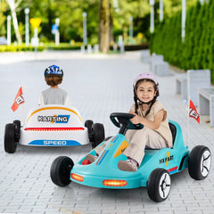 12V Kids Electric Go Kart with 3 Racing Flags, Dual Motors, LED Lights, Story and Music Player, Parent Remote, Blue