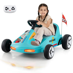 12V Kids Electric Go Kart with 3 Racing Flags, Dual Motors, LED Lights, Story and Music Player, Parent Remote, Blue