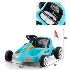 12V Kids Electric Go Kart with 3 Racing Flags, Dual Motors, LED Lights, Story and Music Player, Parent Remote, Blue