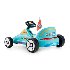 12V Kids Electric Go Kart with 3 Racing Flags, Dual Motors, LED Lights, Story and Music Player, Parent Remote, Blue