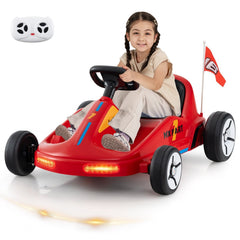 12V Kids Electric Go Kart with Bucket Seat and Belt, 3 Racing Flags, LED Tail Strip and Parent Remote, 33 Inch, Red
