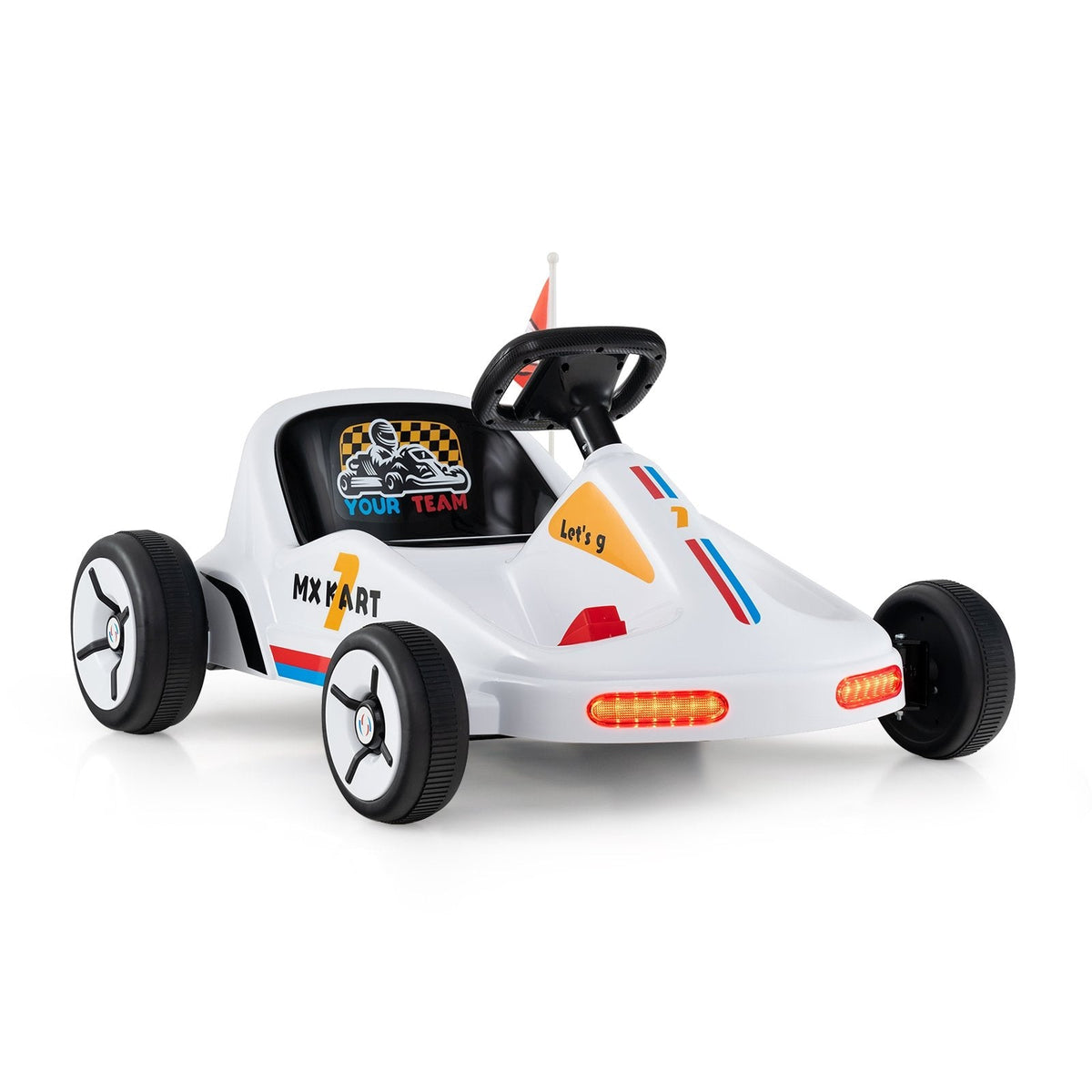 12V Kids Electric Go Kart, 1.6 to 2.5 mph, 2 Motors, Anti Skid Wheels for Grass and Brick, 3 Flags, Parent Remote, White