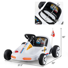 12V Kids Electric Go Kart, 1.6 to 2.5 mph, 2 Motors, Anti Skid Wheels for Grass and Brick, 3 Flags, Parent Remote, White