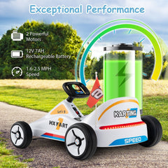 12V Kids Electric Go Kart, 1.6 to 2.5 mph, 2 Motors, Anti Skid Wheels for Grass and Brick, 3 Flags, Parent Remote, White