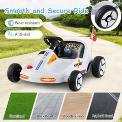 12V Kids Electric Go Kart, 1.6 to 2.5 mph, 2 Motors, Anti Skid Wheels for Grass and Brick, 3 Flags, Parent Remote, White