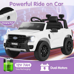 12V Licensed Ford Ranger Kids Ride On Truck with Multi Media Player, USB, Stories, Parent Remote and Headrest Seat, White