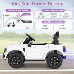 12V Licensed Ford Ranger Kids Ride On Truck with Multi Media Player, USB, Stories, Parent Remote and Headrest Seat, White